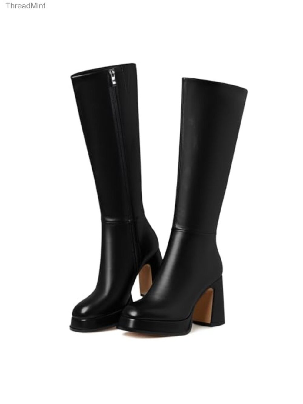 Women's Platform Knee High Boots Chunky Heel Faux Leather Zip Closure Square Toe